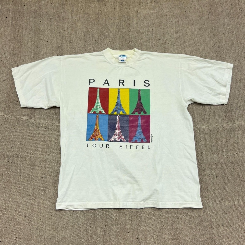 Vintage Eiffel Tower Shirt Mens XL White 1990s Paris Art